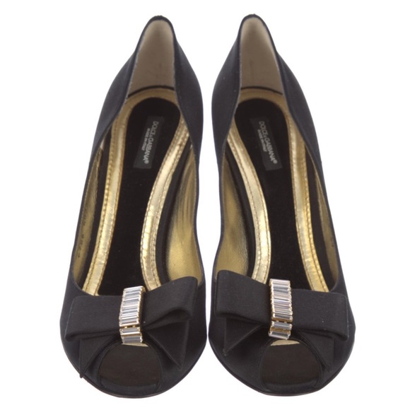 DOLCE & GABBANA Peep Toe Pumps Silk Bow Crystal Embellishments EUC - Picture 1 of 12